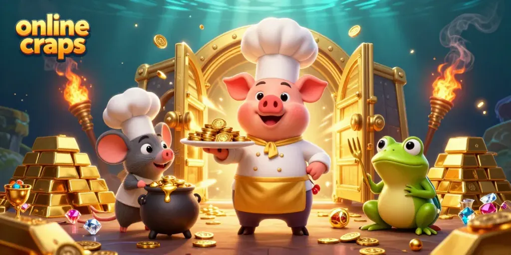 Engage with online craps excitement as a gourmet chef pig serves golden coins in a vibrant casino scene.