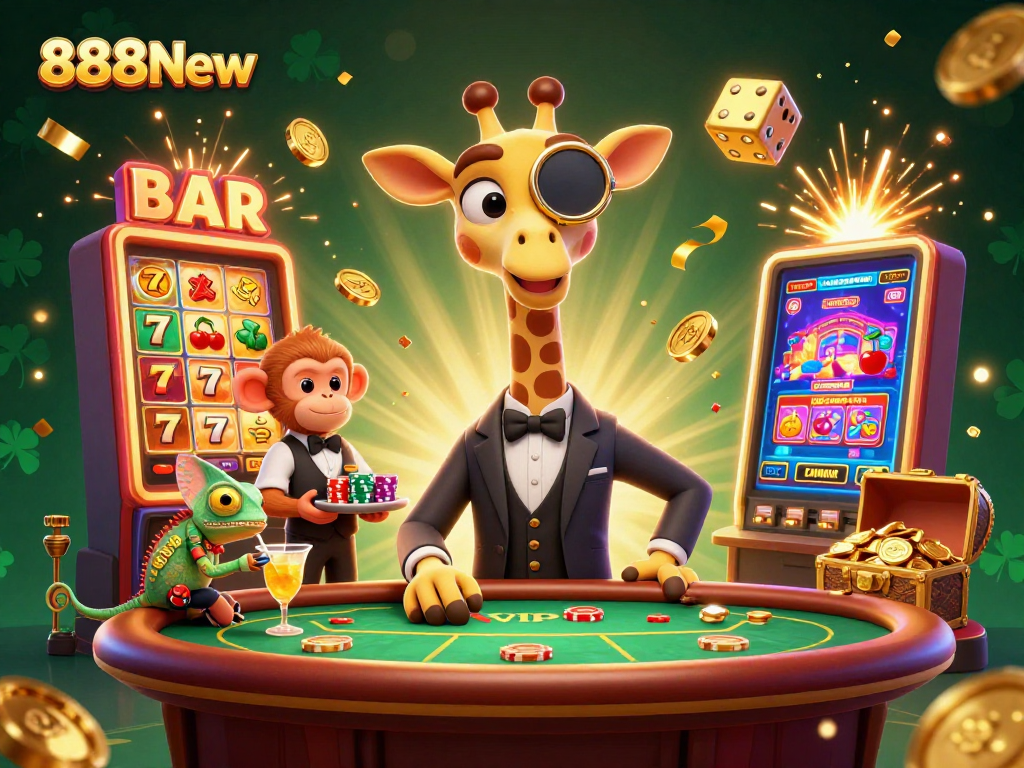 Experience the excitement at 888New with a vibrant 3D casino scene featuring a high-roller giraffe and dynamic gameplay.