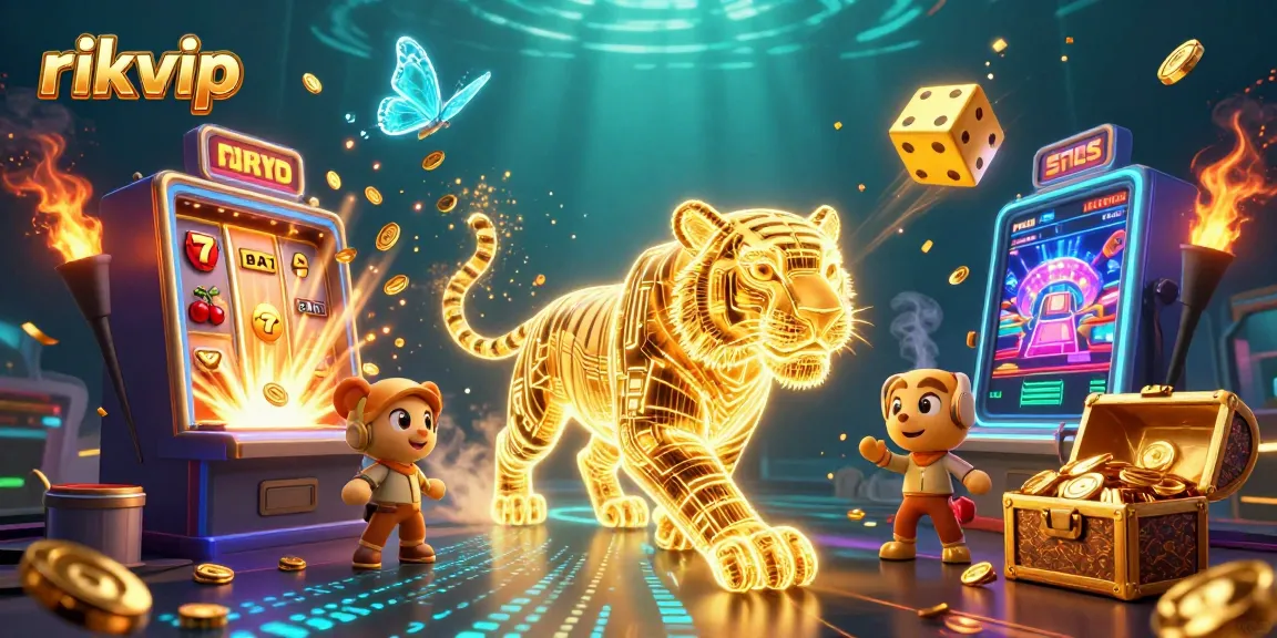 Engage with rikvip's vibrant casino universe, featuring neon-wireframe golden tiger and dynamic slots.