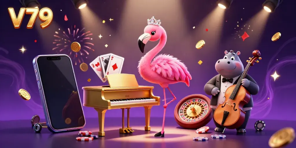 Experience the excitement of V79 with a vibrant 3D casino scene featuring a flamingo singer and hippo bassist, surrounded by gaming elements.