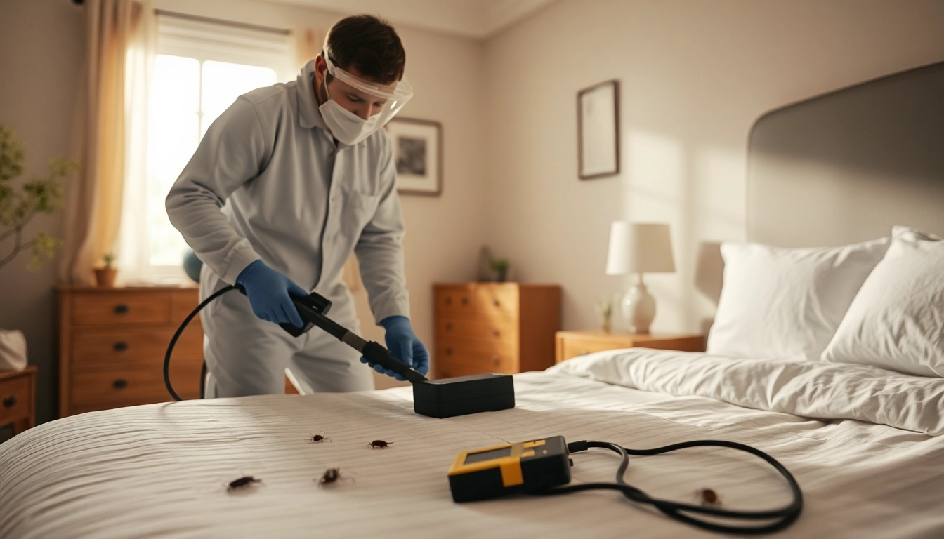 Effective bed bug treatment being performed by a professional in a cozy bedroom.