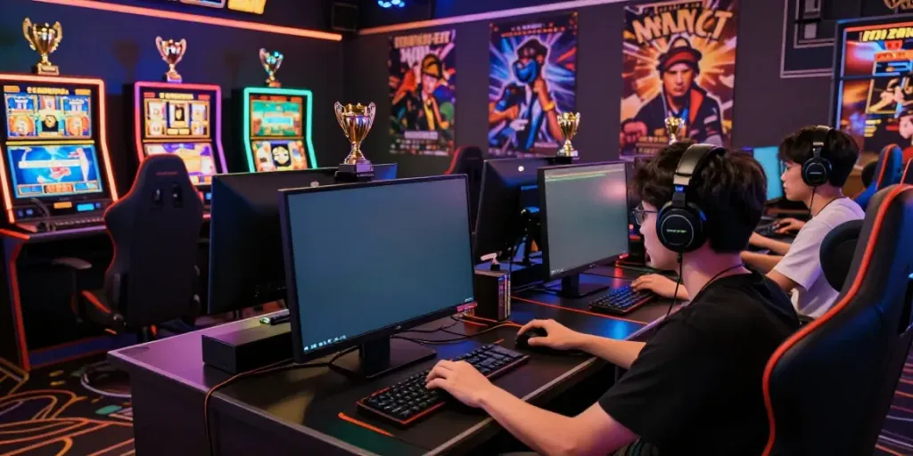Seorang pemain fokus bermain slot777 di monitor gaming dengan pencahayaan LED yang menarik dan atmosfer kasino yang ceria.