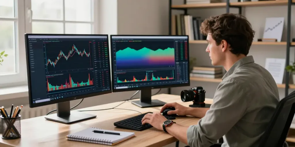 Trader using TradingView charts in a stylish home office.