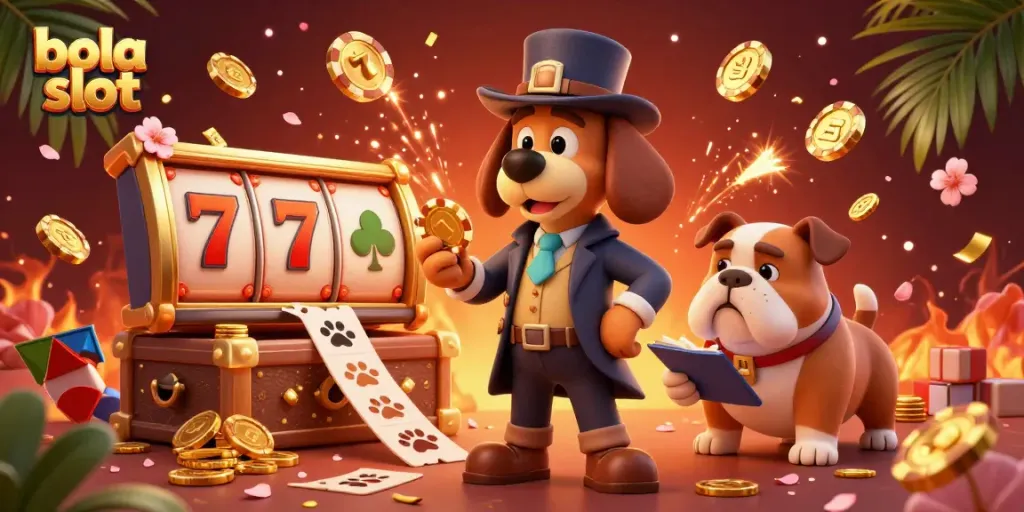 Engage in the thrilling bola slot adventure with a detective-themed illustration featuring vibrant casino elements.