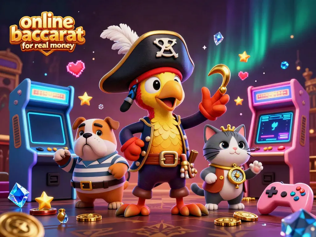 Engage with online baccarat for real money in this vibrant casino-themed illustration featuring animated pirate characters.