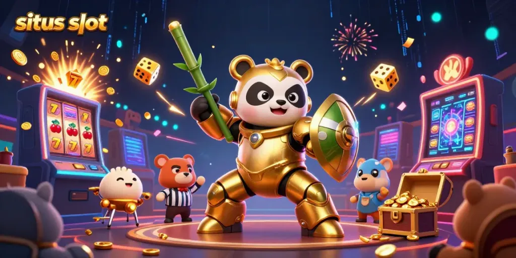 Experience excitement at the situs slot with a dynamic jackpot scene featuring playful characters and vibrant casino elements.