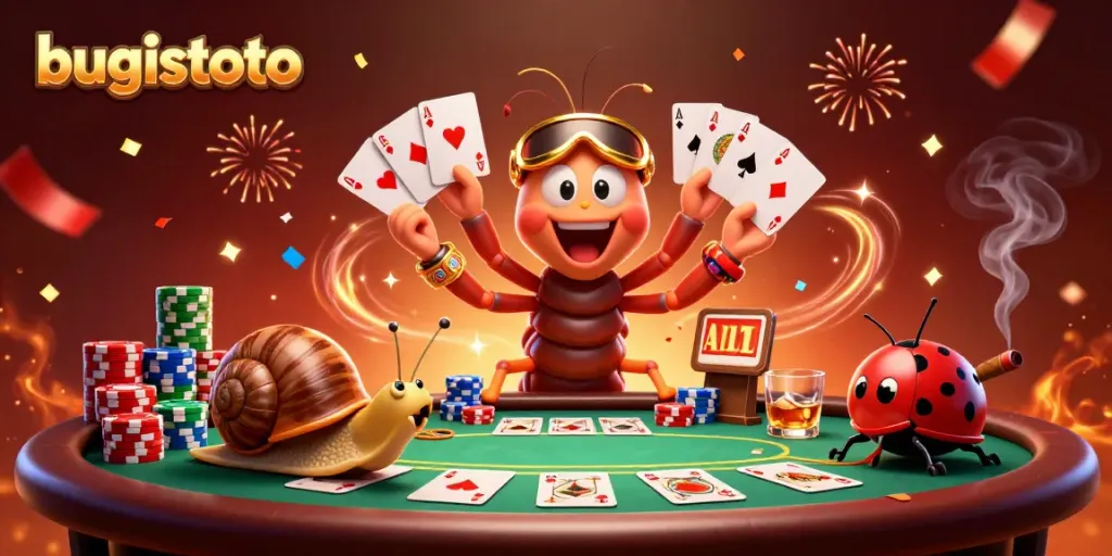 Experience dynamic betting action at bugistoto with colorful cards, chips, and engaging characters in a lively casino setting.