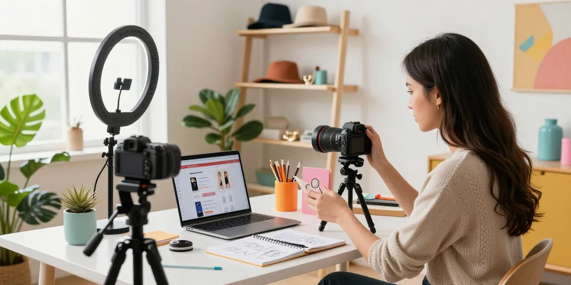 Creative entrepreneur arranging products in stylish e-commerce workspace for jacktoto fashion line photography.