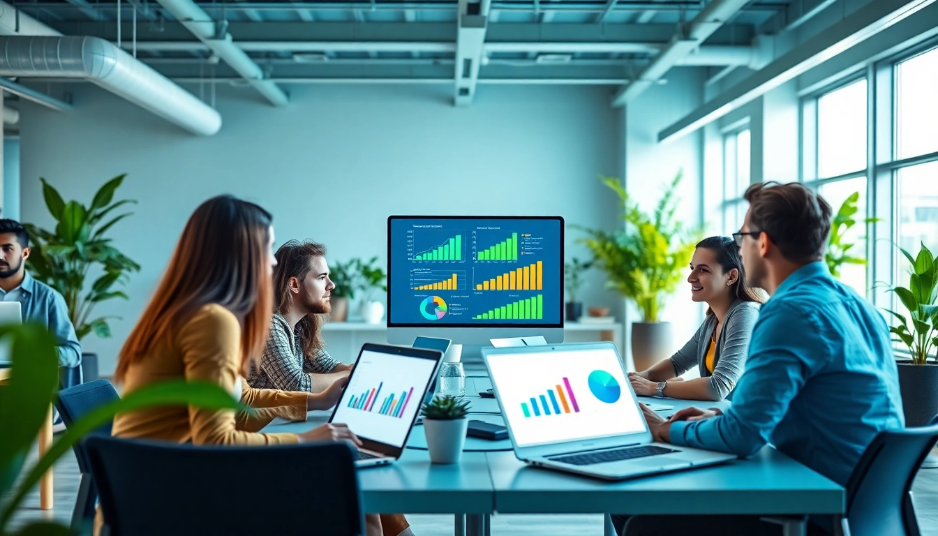 Engaged professionals demonstrating digital marketing agency services in a collaborative office.