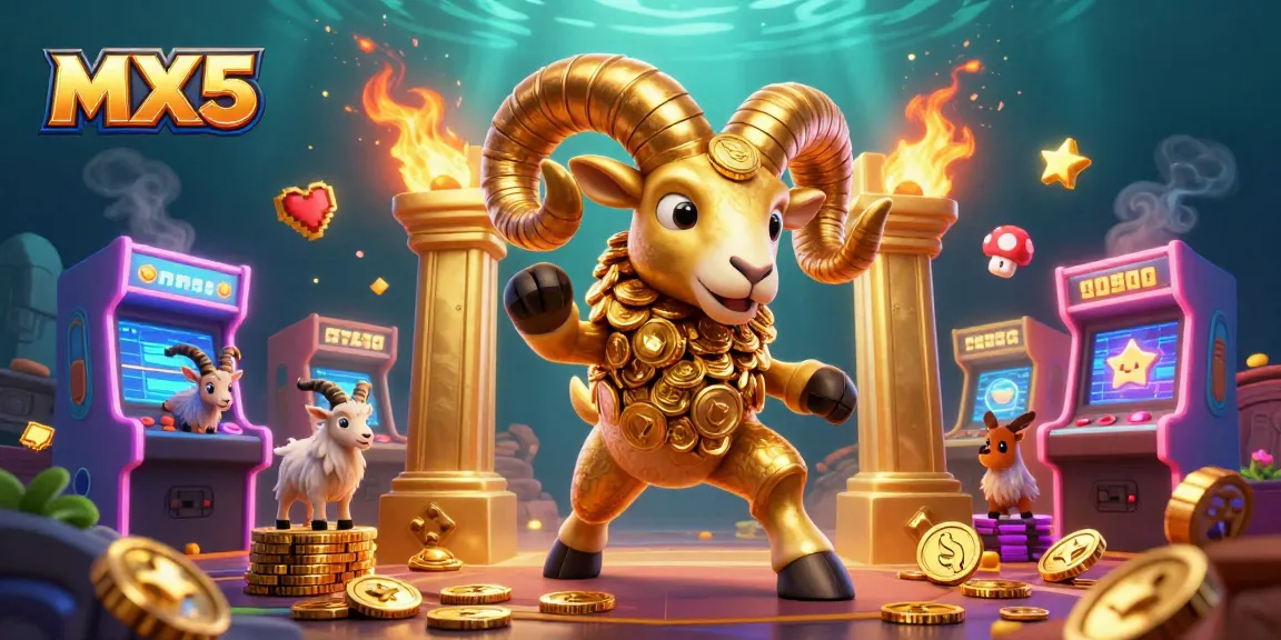 Experience thrilling gaming at MX5 with a golden ram charging through vibrant casino elements.
