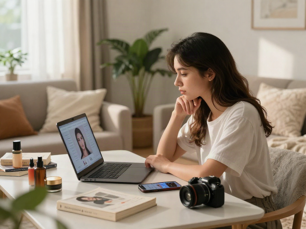 Young woman using a test of attractiveness on a laptop in a warm, inviting living room.