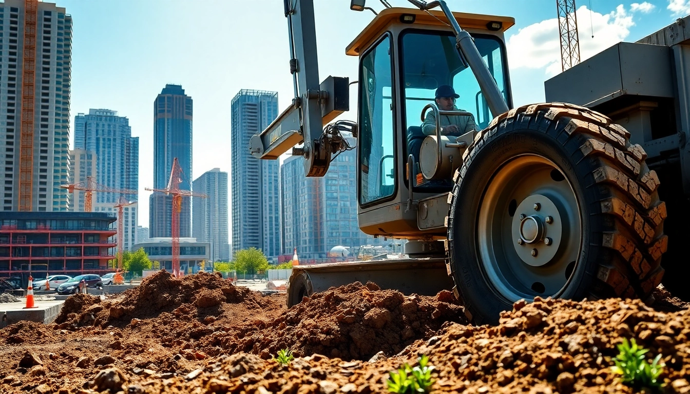 Gradall excavator effectively lifting and moving earth at a bustling construction site.