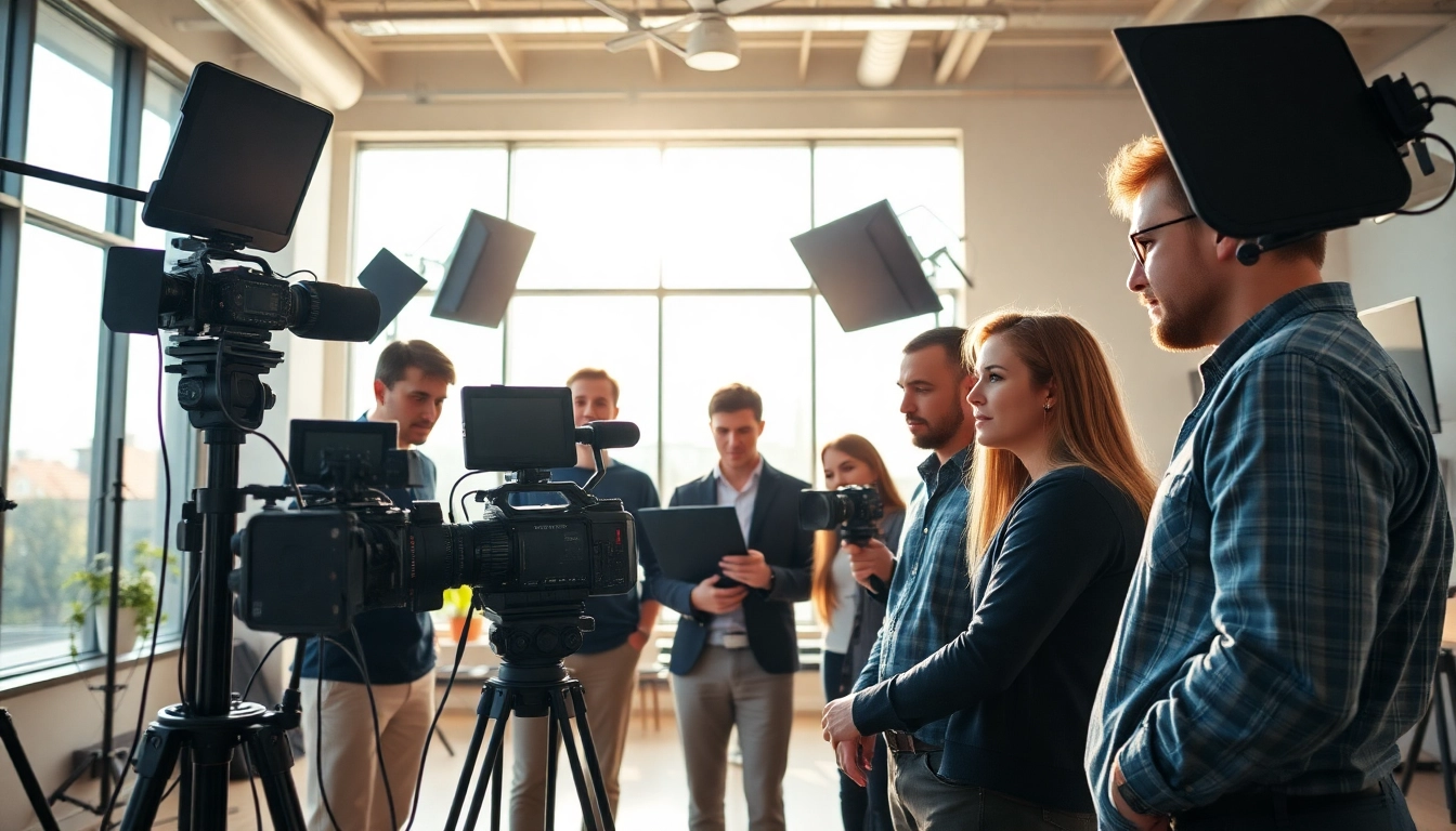 Collaborative team of edmonton production companies working with professional equipment in a modern studio.