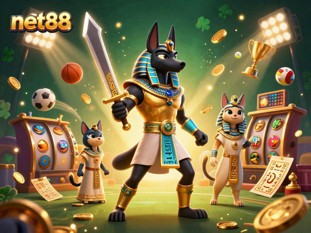 Win big at net88 with a vibrant 3D casino scene featuring Anubis, Bastet, and dynamic sports elements.