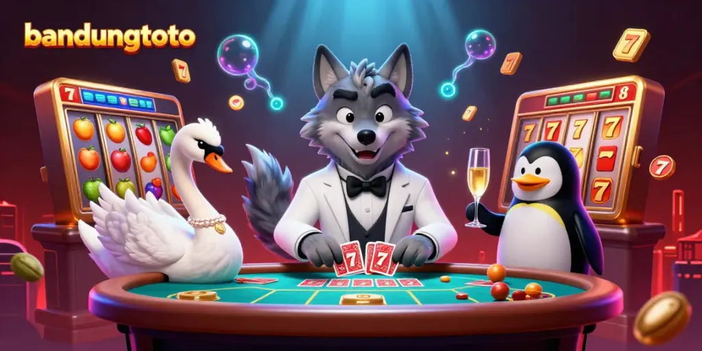 Experience the excitement of bandungtoto with vibrant slot machines and dynamic characters in a lively casino scene.