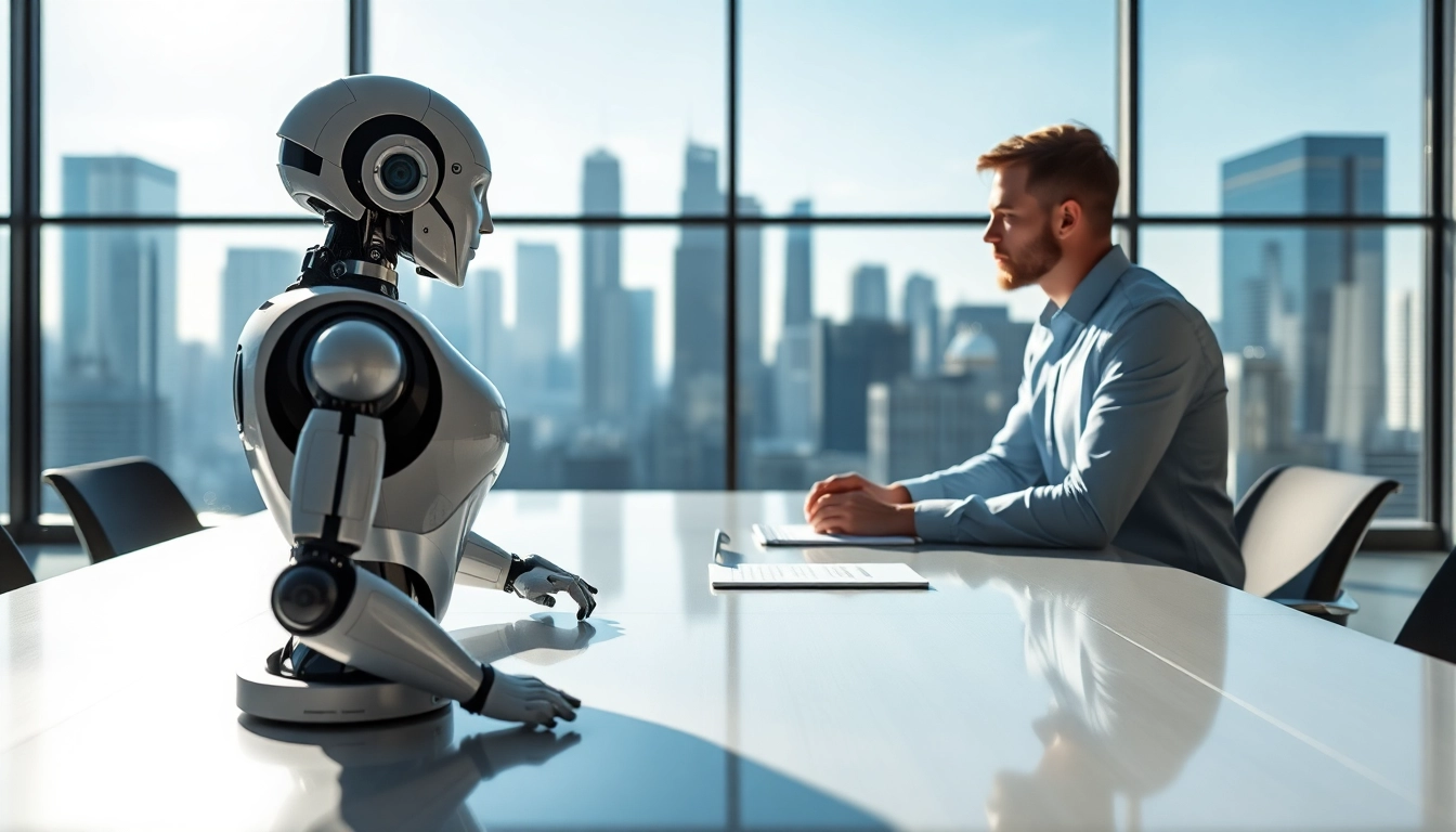 AI Bots collaborating in a modern office environment, showcasing teamwork.