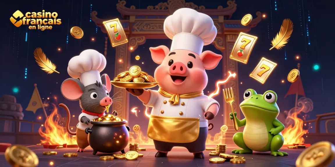 Illustration d'un chef porc servant des pièces d'or au casino français en ligne, ambiance festive.