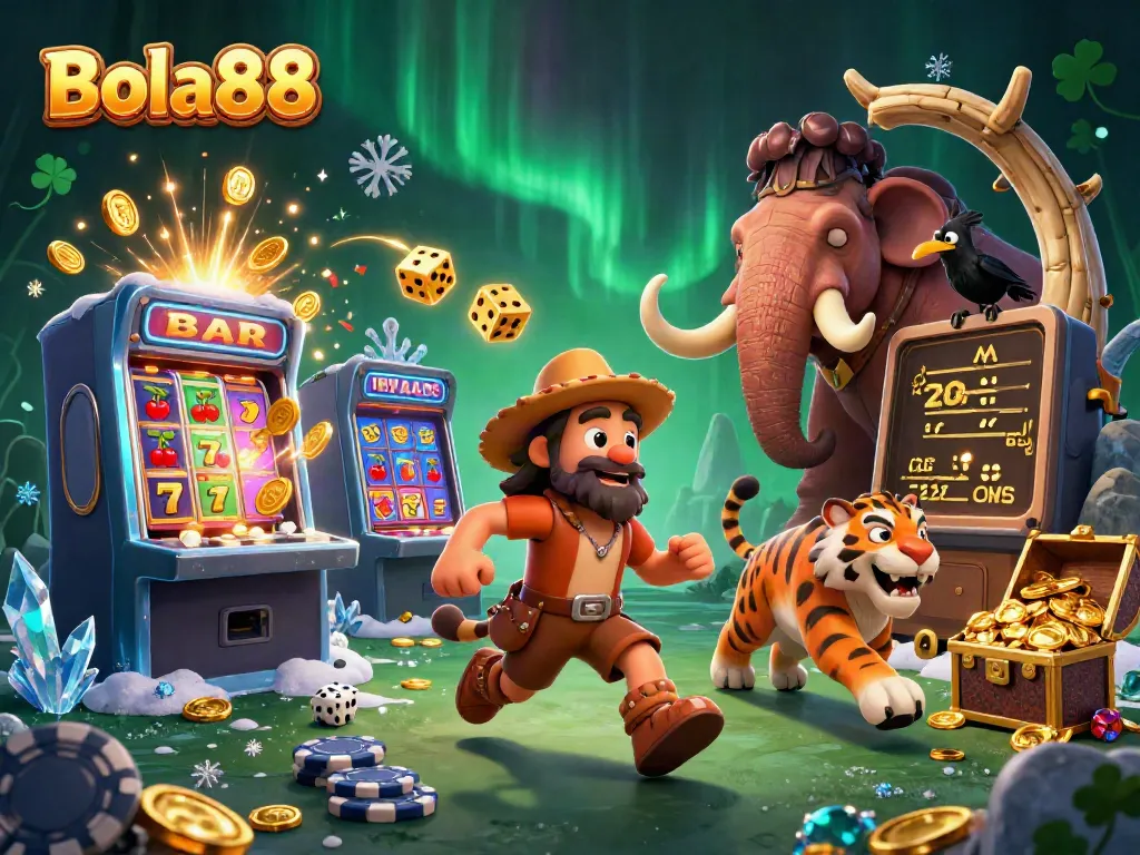 Bola88 celebrates wins with a thrilling 3D casino scene featuring unique prehistoric characters.