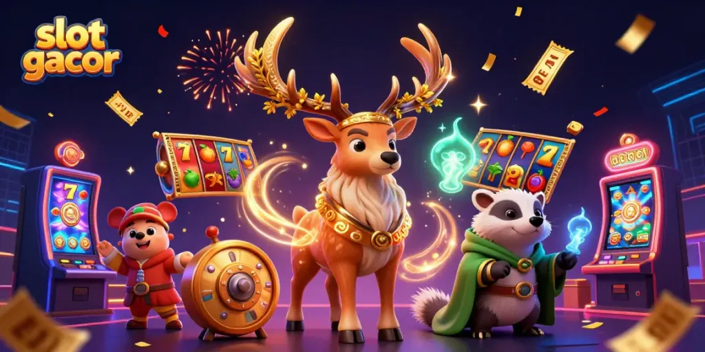 Experience thrilling slot gacor gameplay with golden mistletoe and mystical creatures in a vibrant environment.