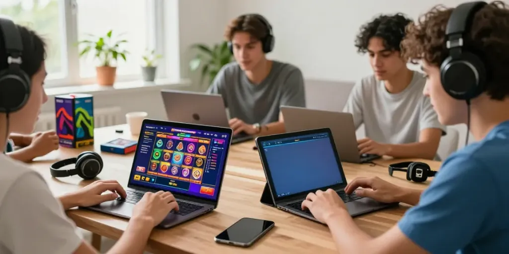 Permainan slot demo online yang menarik di ruang tamu cerah dengan berbagai perangkat permainan.