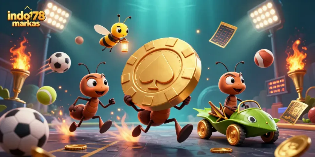 Watch the animated ants of indo178markas expertly carry a giant poker chip while avoiding obstacles in this engaging gambling scene.