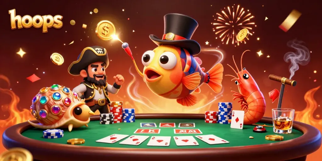 Attract hoops with enchanting 3D anglerfish, coins, poker elements, and festive celebration.