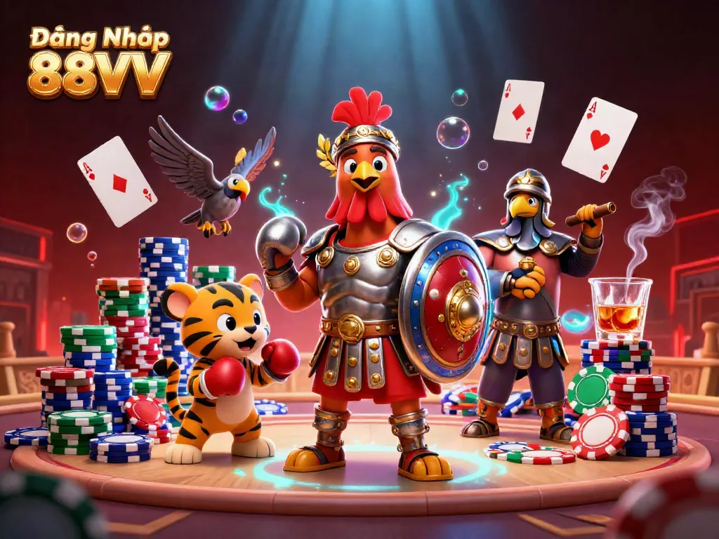 Engage with Đăng Nhập 88VV in a dynamic casino scene featuring a gladiator rooster and poker elements.