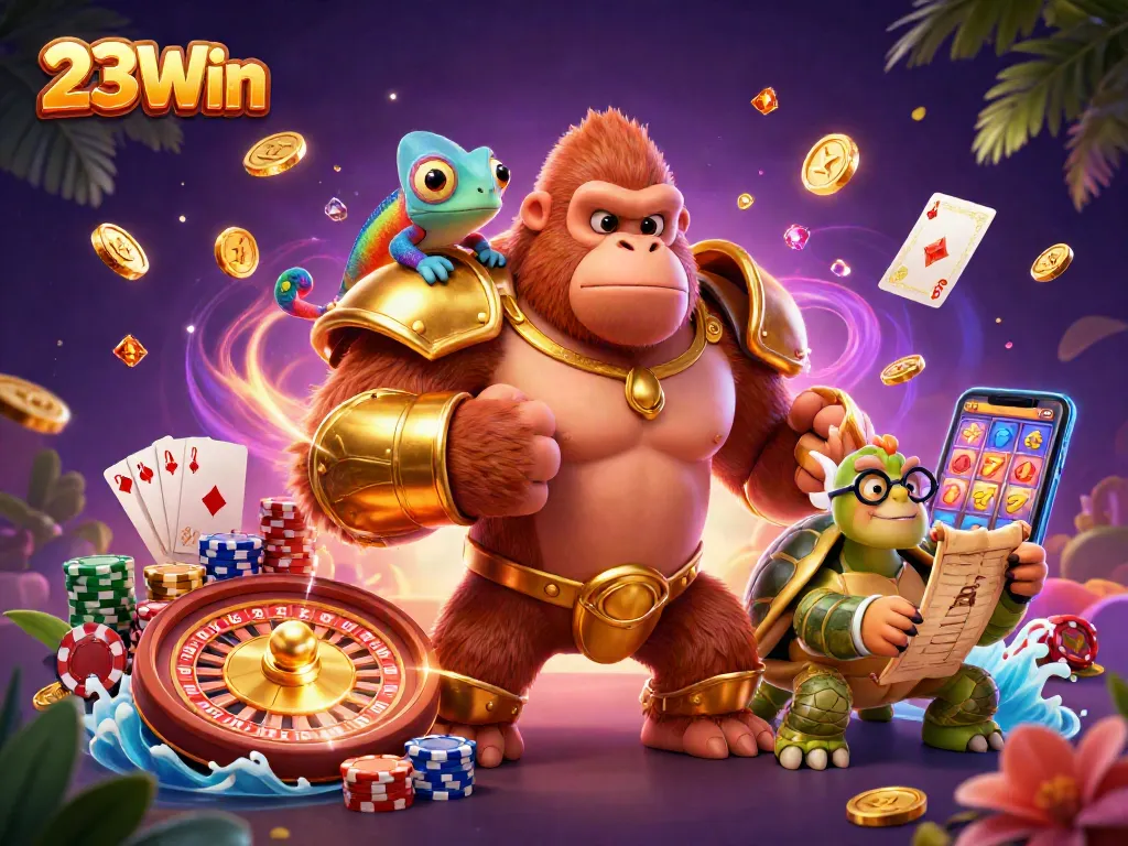 Play exciting casino games with 23Win's captivating 3D scene featuring vibrant characters and dynamic casino elements.