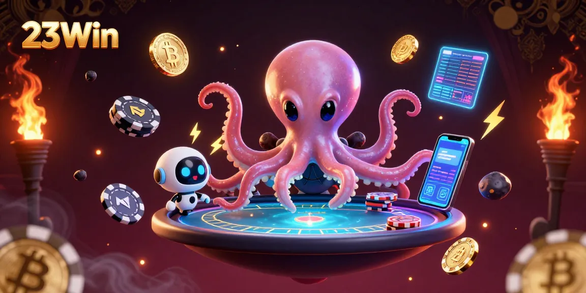Play exciting poker at 23Win with an alien octopus and holographic elements in a vibrant cosmic setting.