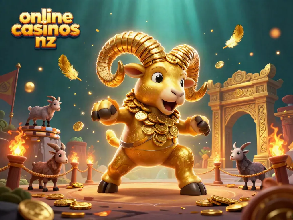 Engage with top online casinos nz featuring a dynamic golden ram illustration amidst rich casino elements.