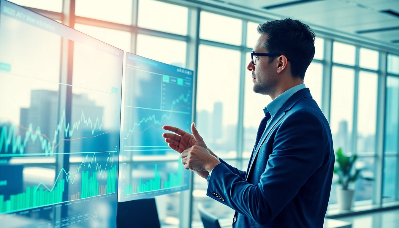 AI Investing analysis with digital interfaces and stock trends in a bright office