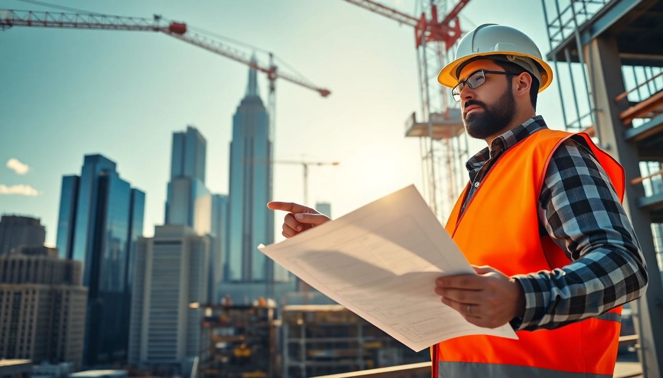 Engaged New York City Commercial General Contractor leading a high-rise construction project with NYC skyline.