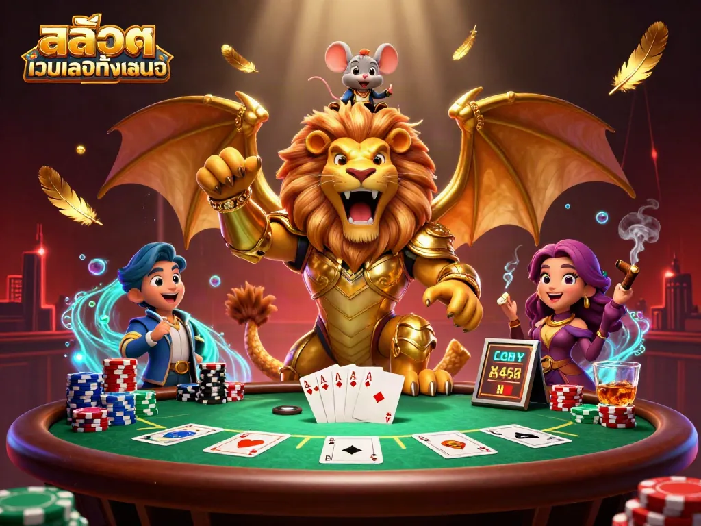 Experience the thrill of สล็อตเว็บตรงทั้งหมด with a vibrant 3D chimera and poker elements in action.