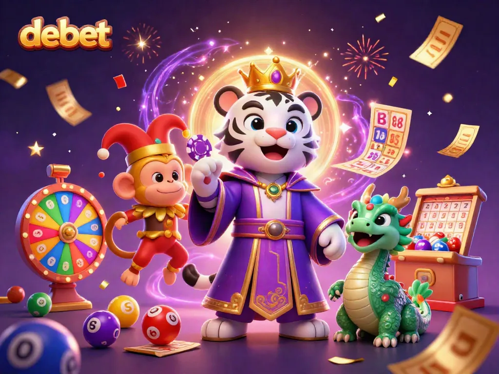 Experience debet's exciting gaming scene with a whimsical 3D cartoon tiger and playful characters.