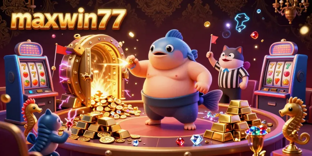 Experience excitement with maxwin77 in this underwater casino scene featuring lively sea creatures and slot machines.