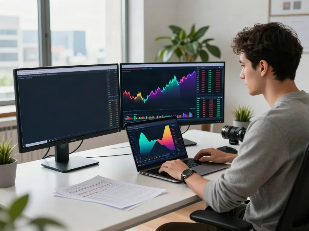 Engaged trader analyzing tradingview官网 charts in a modern home office.