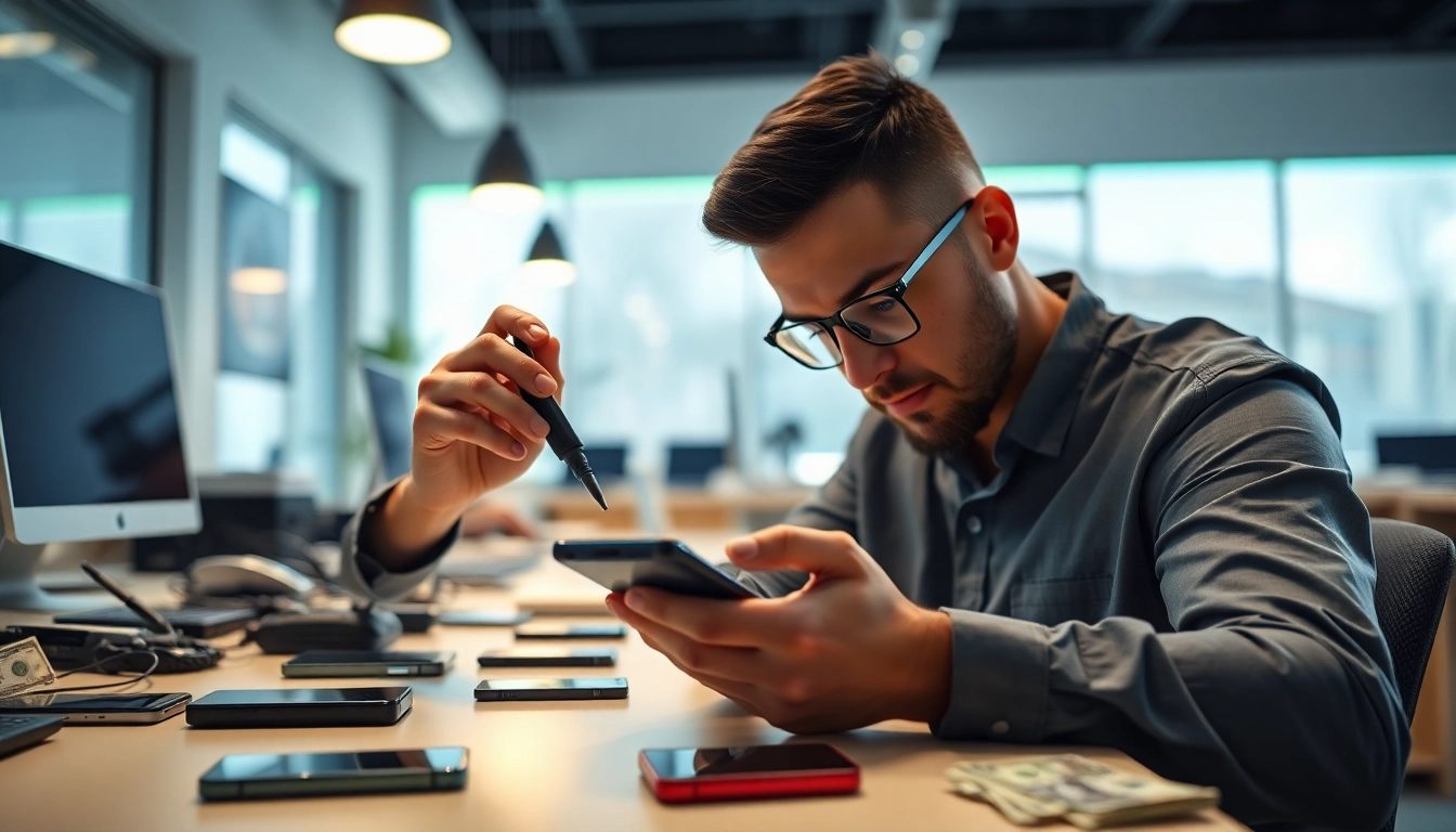 Get same day phone cash by a technician assessing a smartphone in a sleek workspace.