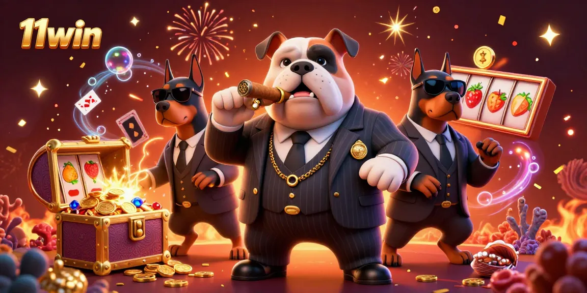 Join the fun with 11win's mafia boss bulldog and bodyguards in a dazzling casino scene.