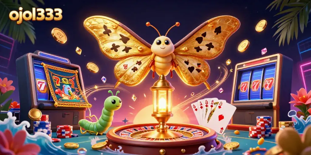 Engage with ojol333 through vibrant 3D casino-themed illustration featuring iconic game elements and characters.