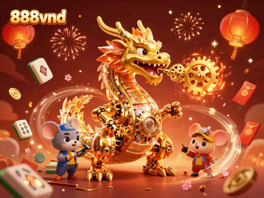 Experience the excitement of 888vnd with a dynamic scene of a golden dragon and festive elements