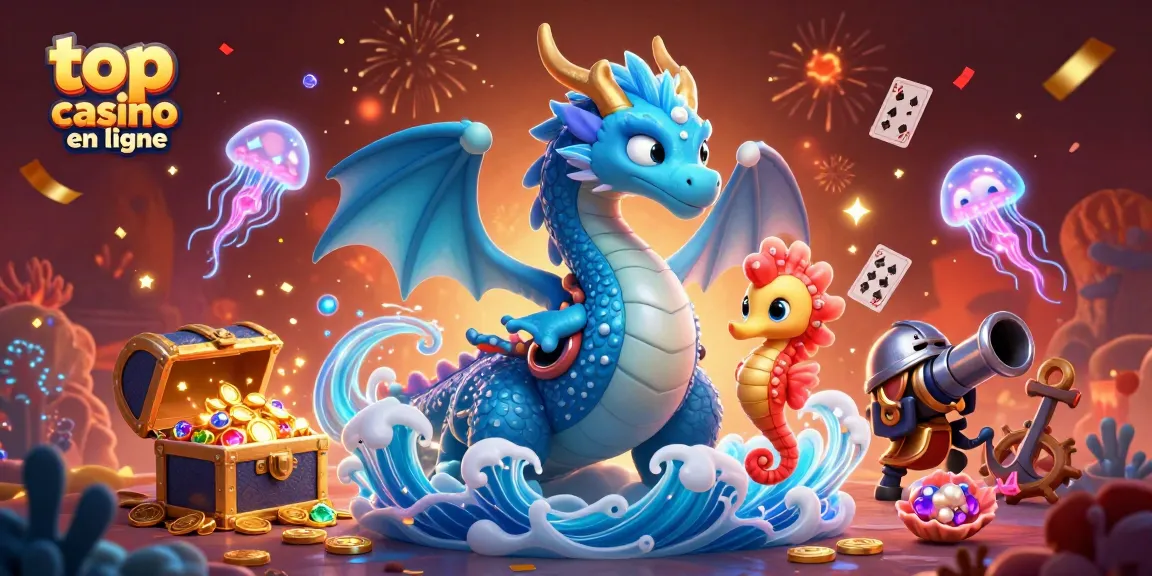 Admirez l'illustration dynamique de "top casino en ligne" avec des dragons marins et des trésors sous-marins.