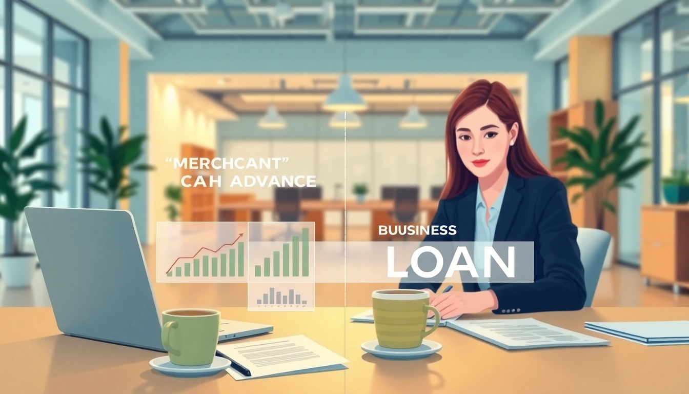 Analyze merchant cash advance vs business loan with a compelling graphic comparison in a professional office.