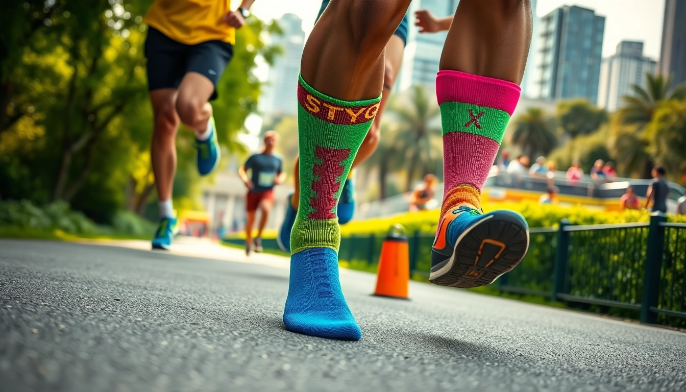 Runners showcasing vibrant STRYQ running socks while jogging in an urban park setting.