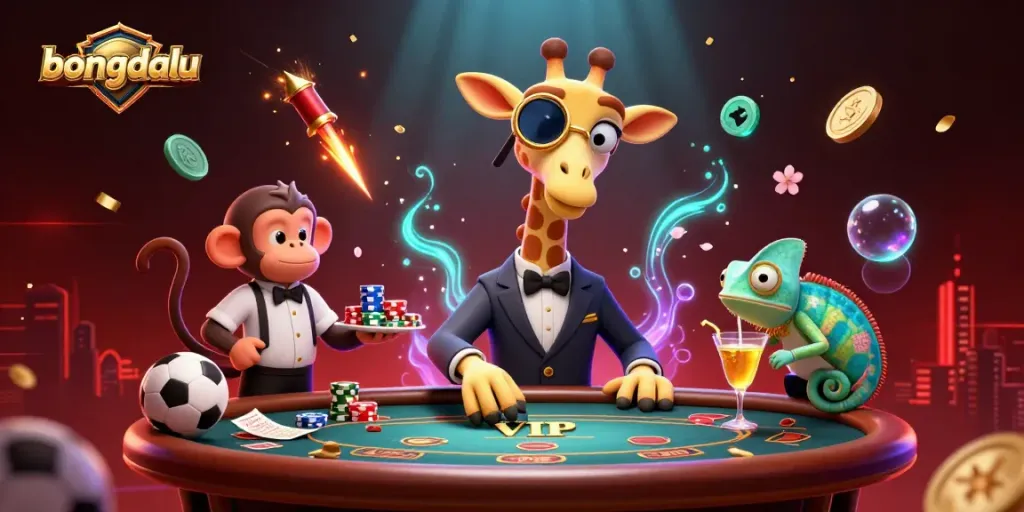 Place bets and track scores with bongdalu's lively sports betting illustration featuring unique characters.