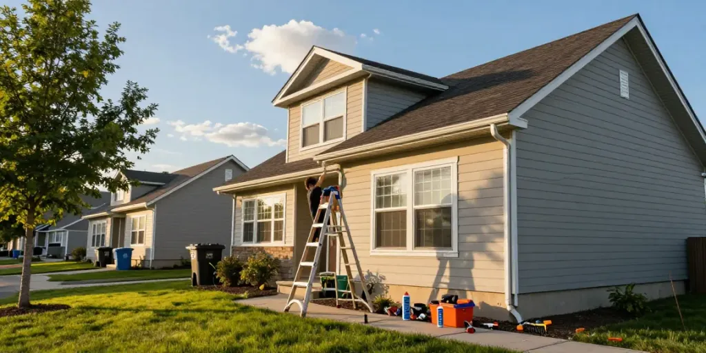 Homeowner checking new Spokane gutter installation outside in bright afternoon light.