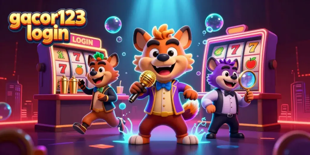 Engage with gacor123 login at the lively casino scene featuring hyena characters and vibrant game elements.