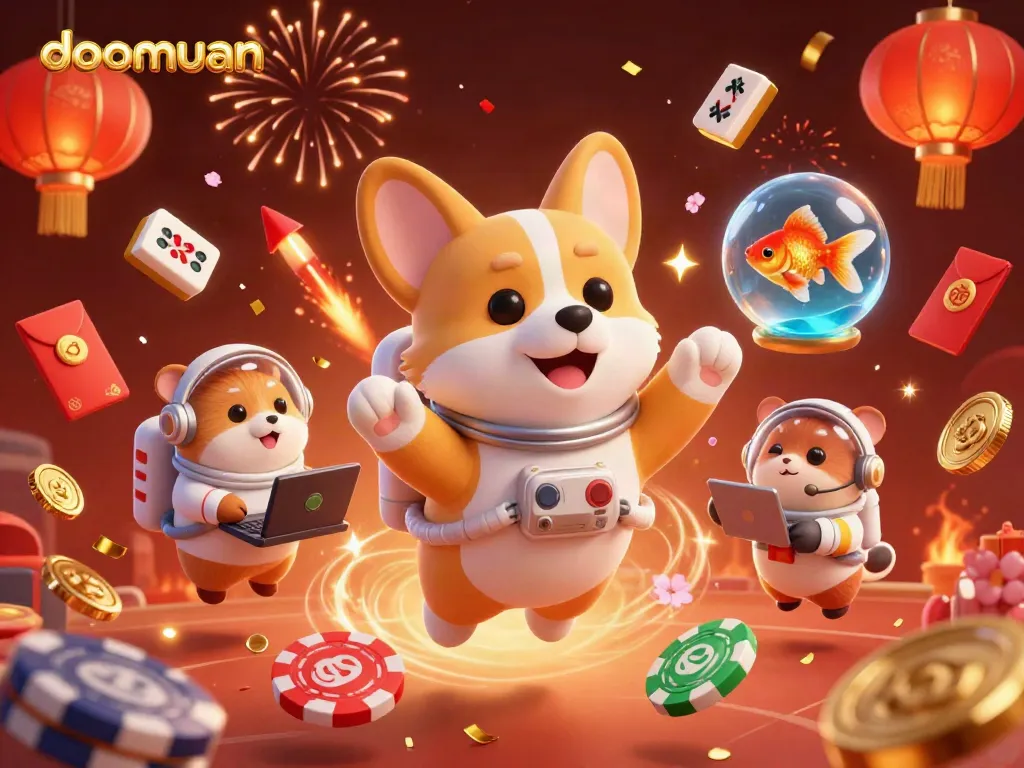 Experience the excitement of doomuan with a 3D cartoon astronaut corgi floating in a vibrant casino setting.