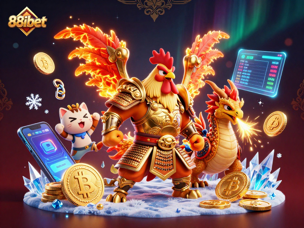 Engage in thrilling cockfighting action with 88ibet amid vibrant elements of fortune and crypto.