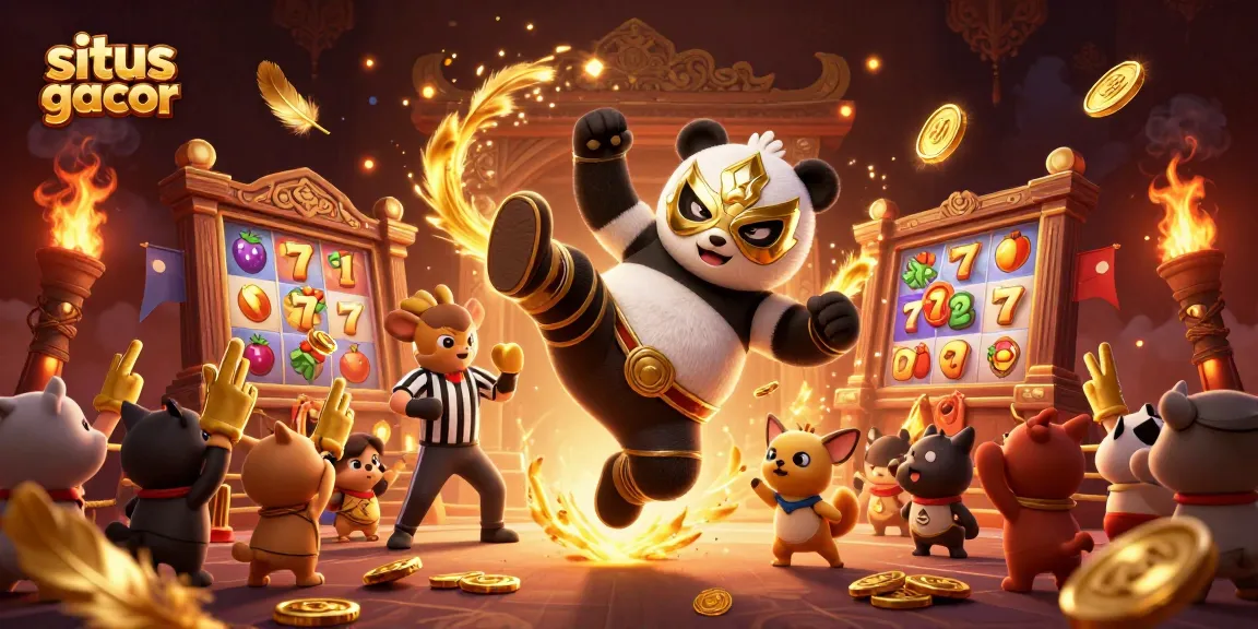 Engage in situs gacor action with a panda wrestler kicking while a chihuahua referee counts, lively scene.