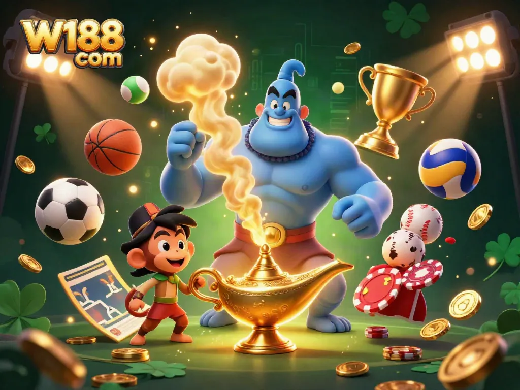 Engage in thrilling gaming at W188 com with a dynamic scene featuring a genie, monkey, and vibrant sports elements.